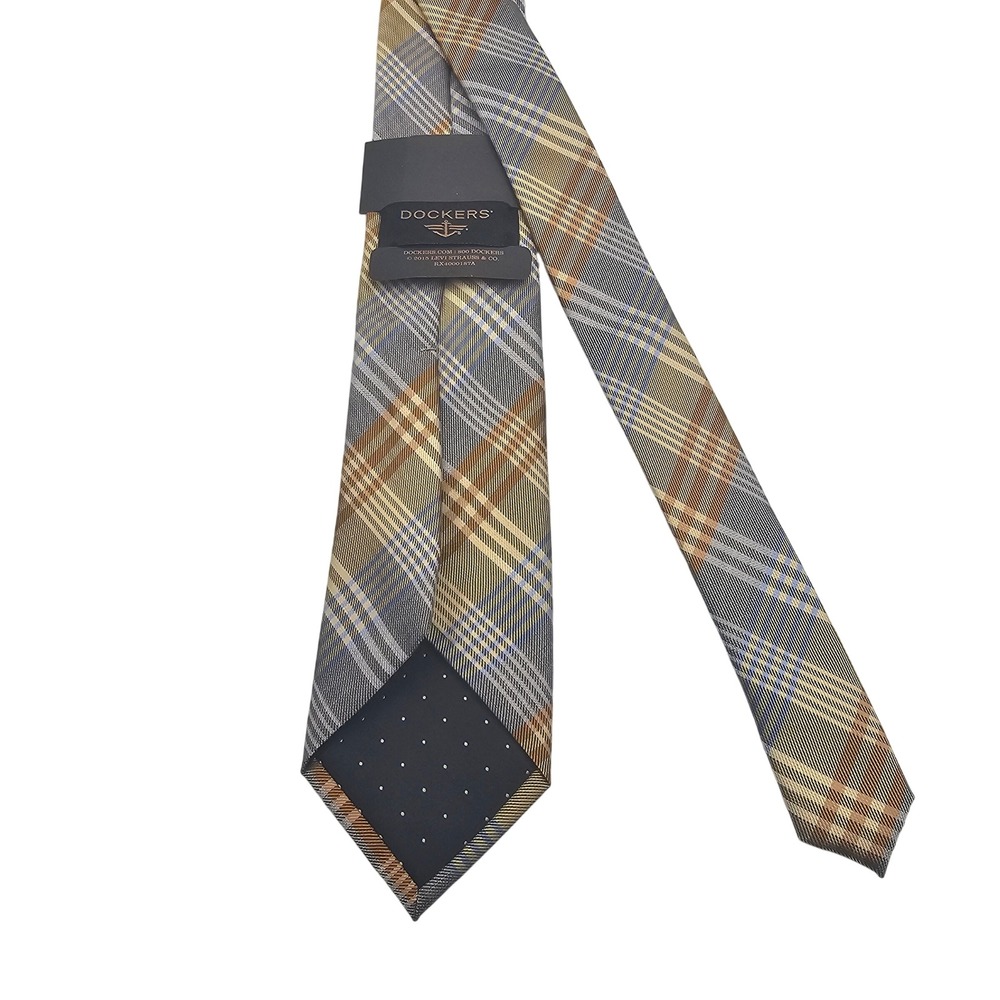 Dockers Slim Tie Gold Gray Blue Plaid Tartan Silk Blend Hand Made Men's Necktie